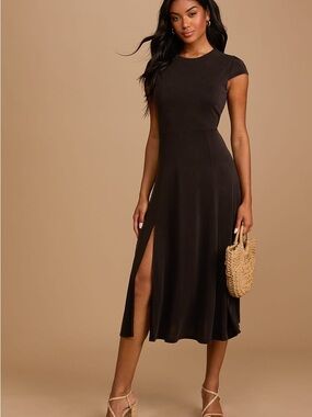 Lulu's Black Cap Sleeve Midi Dress with Side Slit